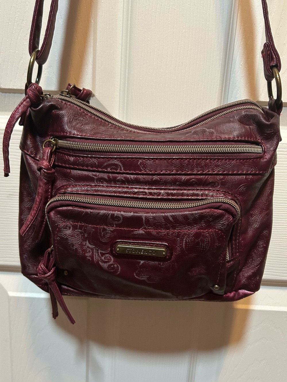 Stone & Co. Faux Leather Messenger Bag Burgundy & Paisley Roomy Crossbody Style.